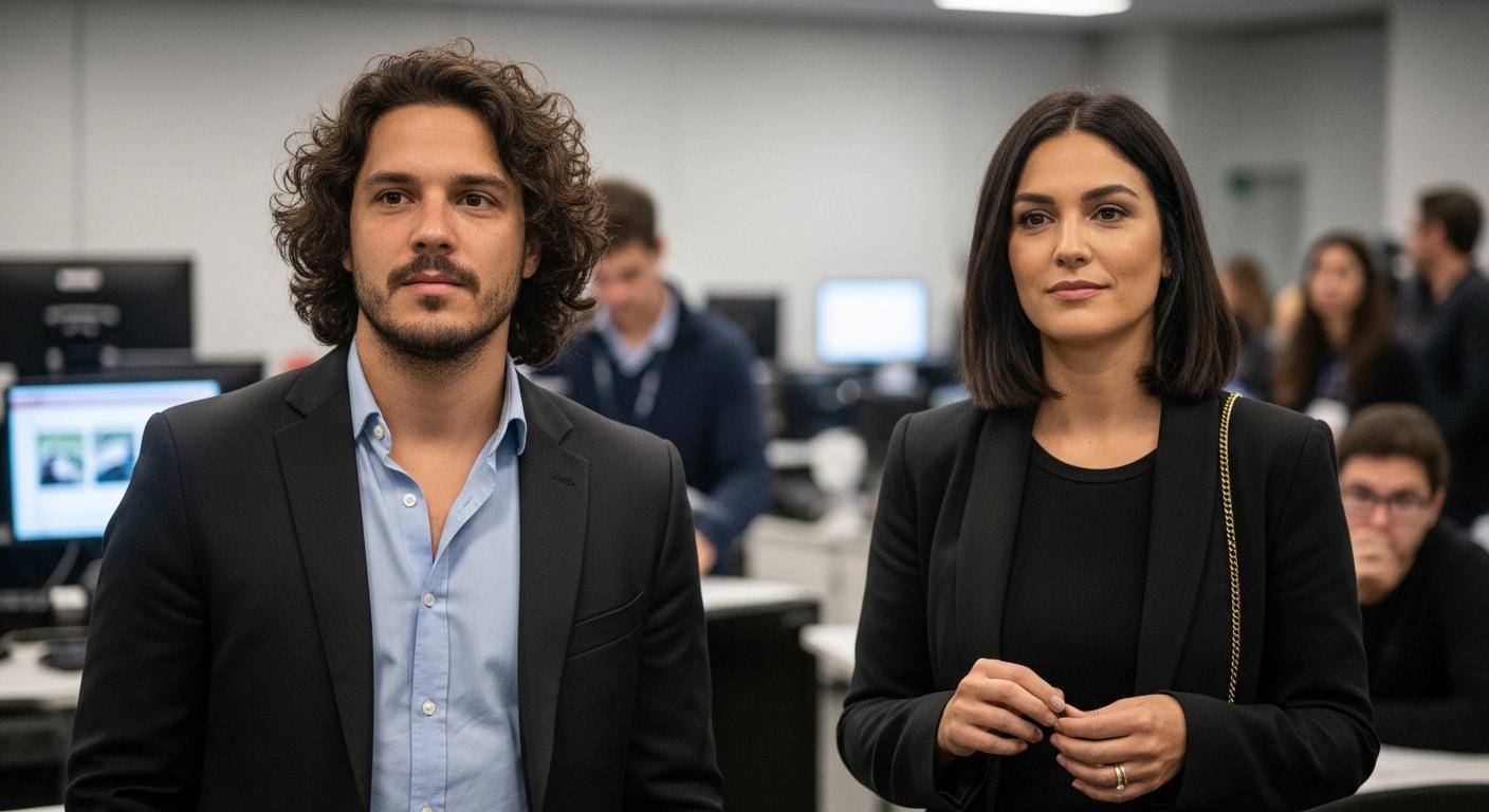 Newsroom illustration showing Meta's anti-scam enforcement in Brazil with celebrity icons and warning signs.