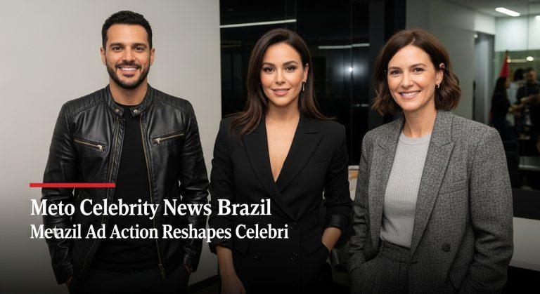 Illustration of Meta branding with Brazilian celebrities and a warning against ad scams