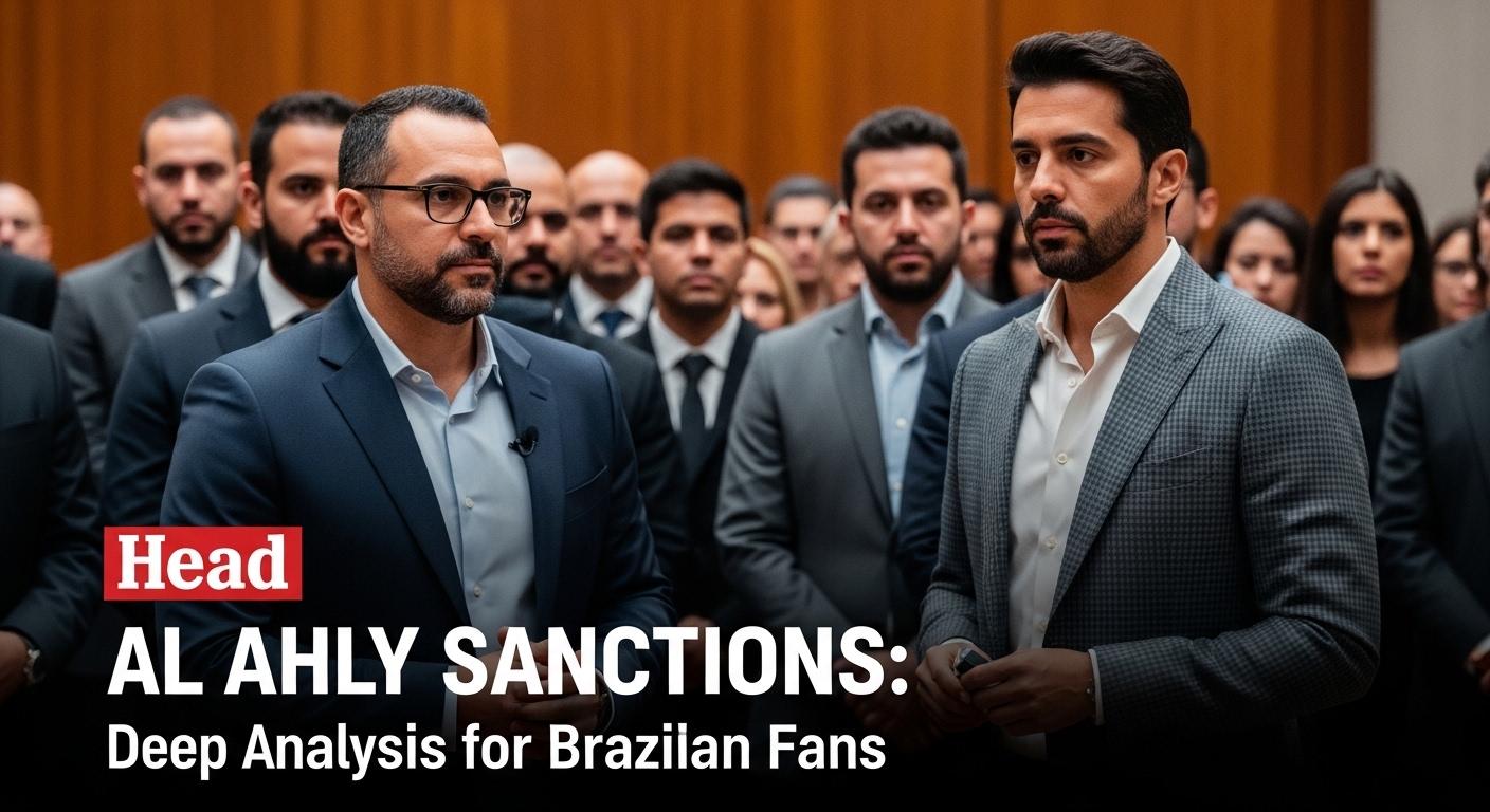 Editorial illustration of Al Ahly in front of stadium lights with cross-cultural journalism symbols