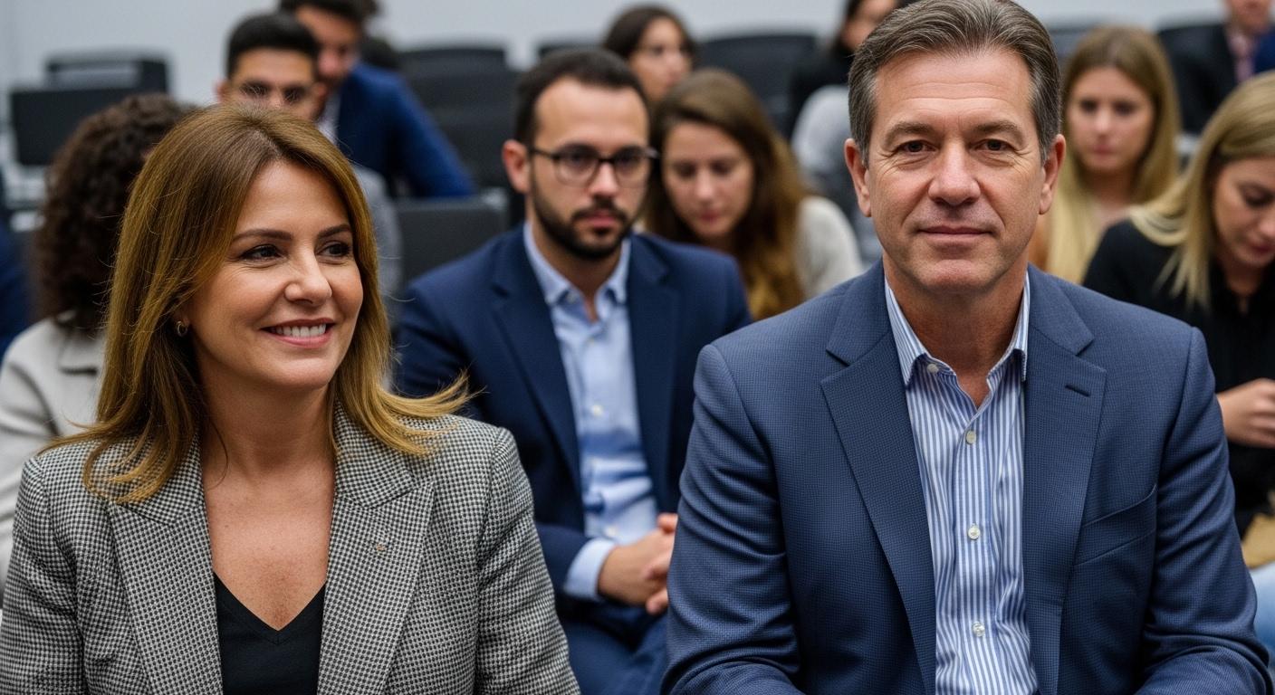 Retiree couple reviewing budget while energy price chart appears in the background