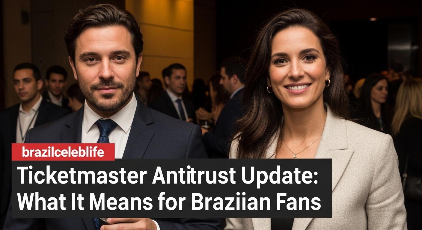 Illustration of a concert crowd with legal documents representing a Ticketmaster antitrust settlement.