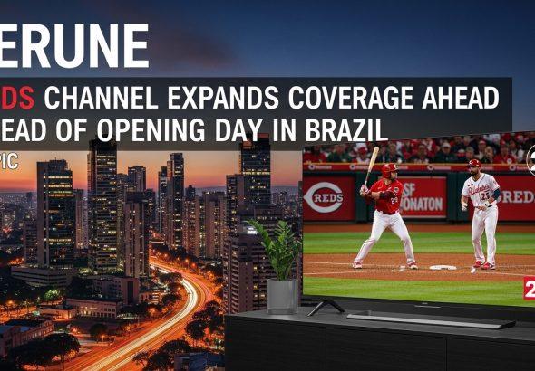 TV screen displaying a Reds game with a Brazilian city skyline in the background